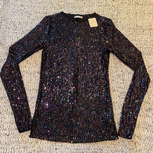 Free People Intimately Gold Rush Long Sleeve Sequin Top Black Combo Size XS NWT - Picture 4 of 9